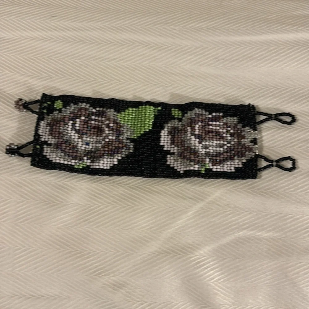 Elegant Black Beaded Floral Bracelet hand beaded
